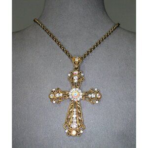 Gold-Tone Filigree Cross Pendant Necklace With Rhinestones 30" Chain & 2.5" Exte